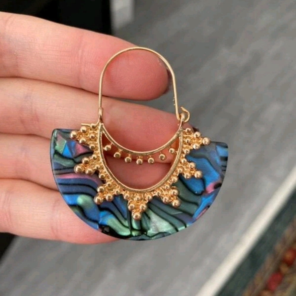Boho Gold & Abalone abstract shell Fan hoop drop beach earrings 2/$30 - Picture 9 of 11